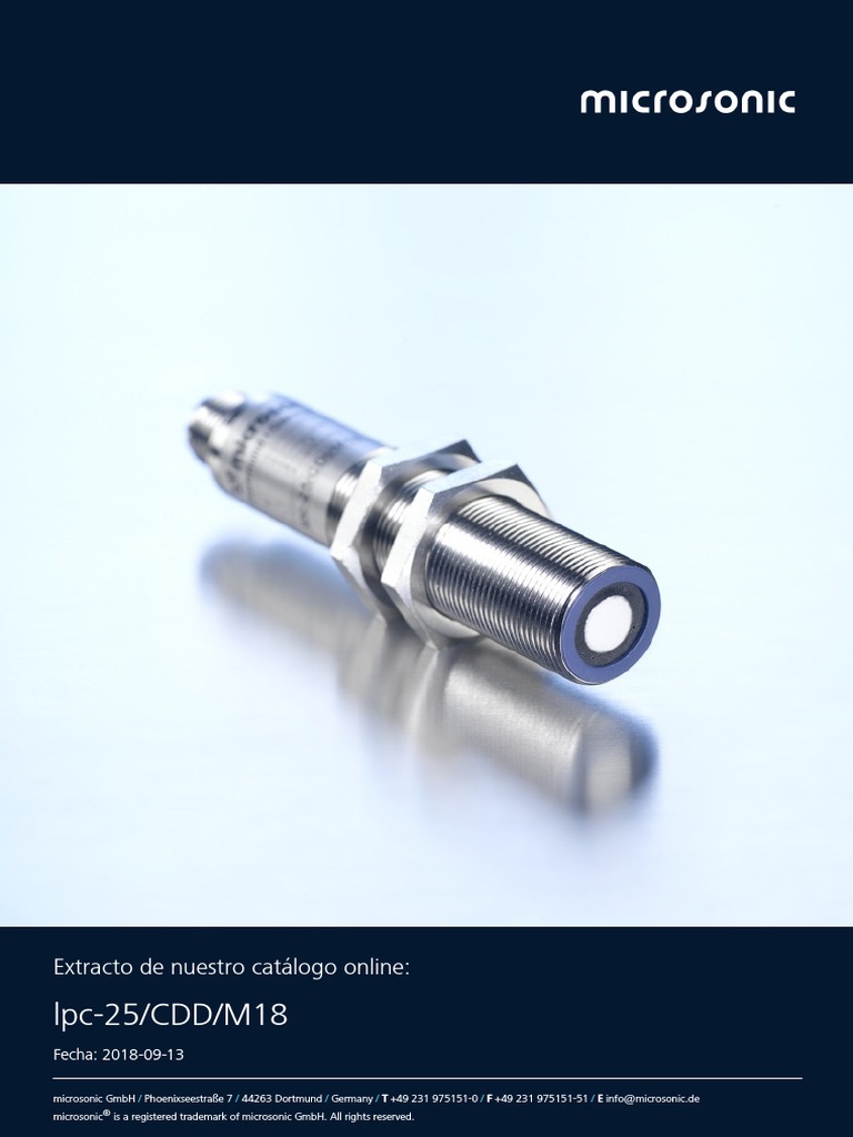 lpc-25/CDD/M18, Microsonic, Sensor de reflexión Ultrasonico, conmutador de aproximación, 30 - 350 mm, M18, 320KHZ, 0,15%.
