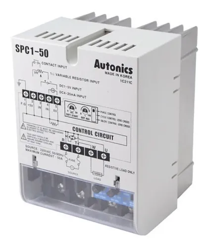 SPC1-50, Autonics, Controlador de potencia, monofásico, 5 entradas de control seleccionables, 3 modos de salida, salida de 50 amperios, 220 VCA.
