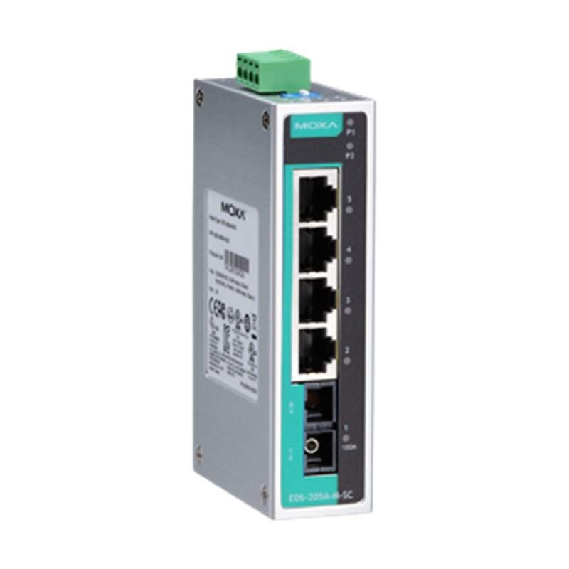 EDS-205A-S-SC, MOXA, Unmanaged Ethernet switch with 4 10/100BaseT(X) ports, and 1 100BaseFX