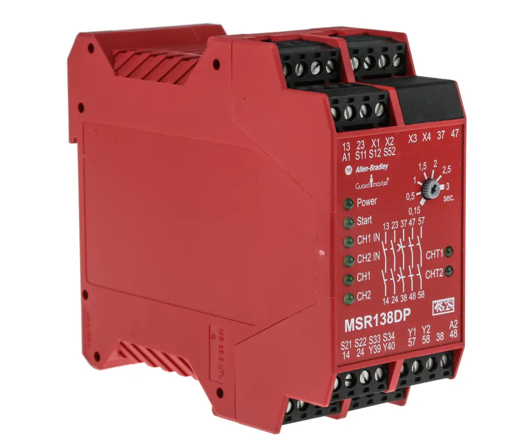 MSR117T, Allen Bradley, Rele de Seguridad, AC/DC, monitoreado automático/manual, fijo, ancho de carcasa de 22.5 mm, 3 salida de seguridad, 1 NC Aux. Salida de retransmisión, 3 sin salida de retraso de relé, CAT 4 con calificación