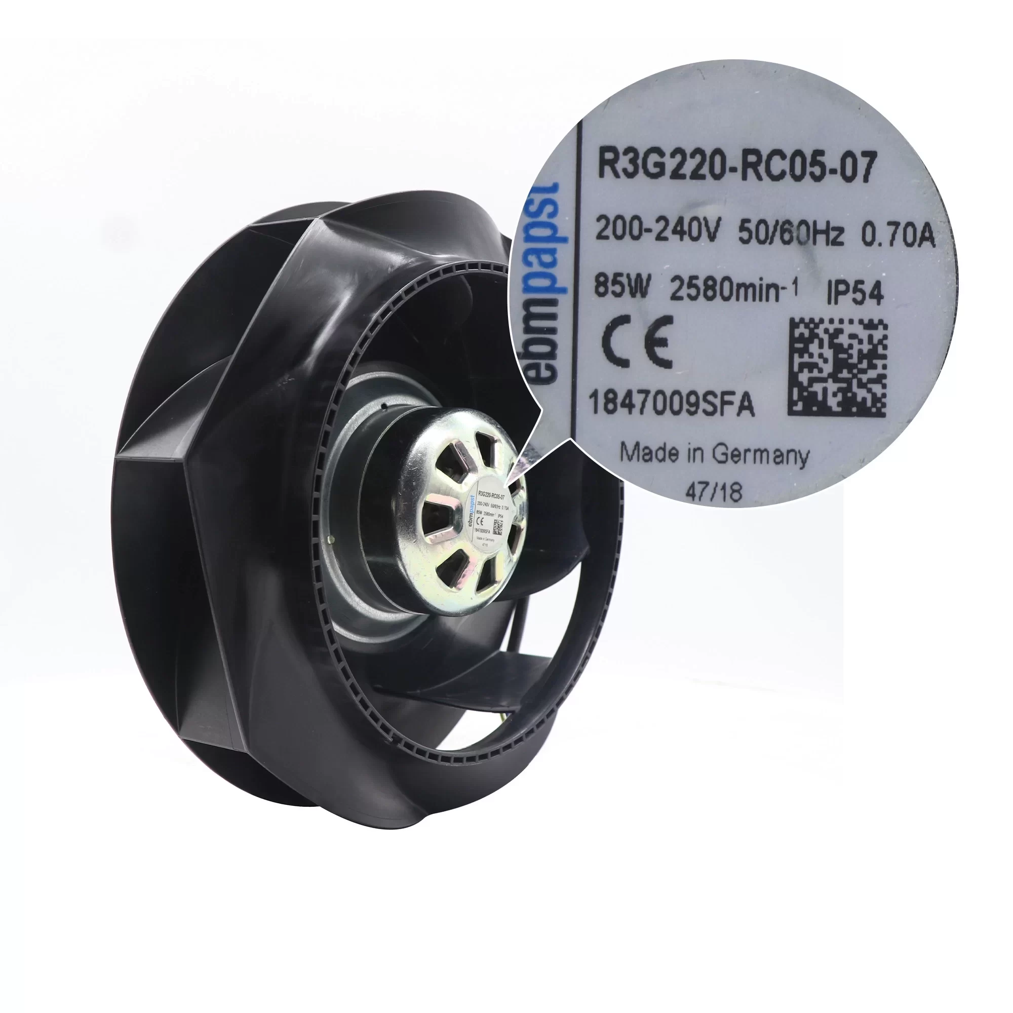R3G220-RC05-07, Ebm-papst, Ventilador centrífugo de armario, 230V 85W 0.7A 2580RPM 50Hz/60Hz