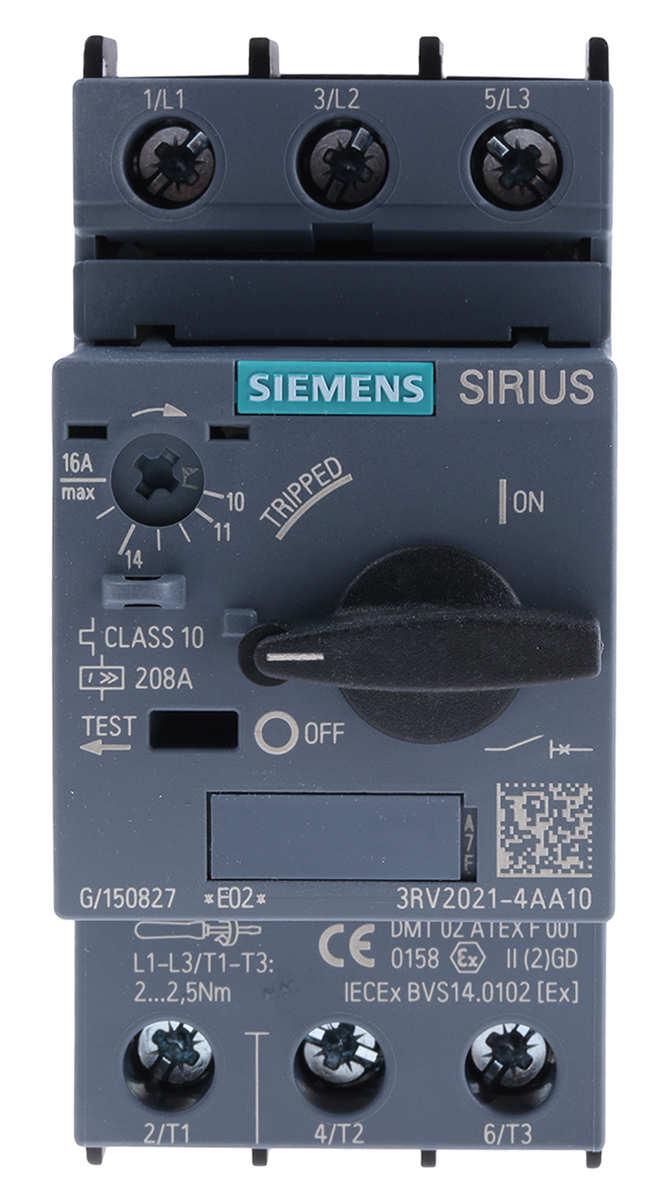 3RV2021-4AA10, Siemens, Guardamotor, Sirius, CLASS 10 A-release 10...16 A N-release 208 A screw terminal Standard switching