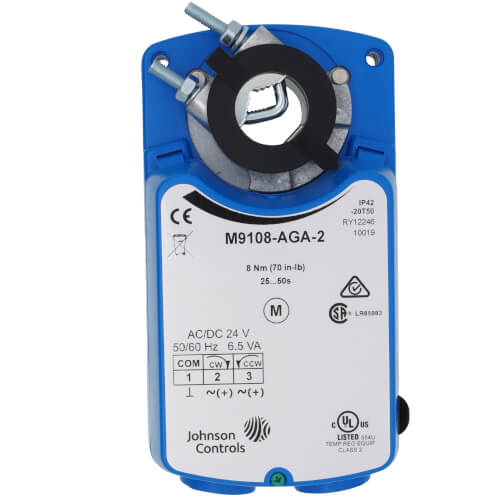M9108-AGA-2, JOHNSON CONTROLS, Actuador Dampers rotatorio, eléctrico, sin retorno por resorte, encendido/apagado, flotante, sin interruptor auxiliar, 70 lb-in.