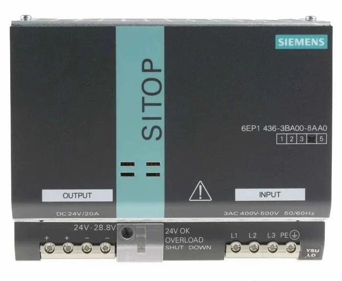 6EP1436-3BA00, SIEMENS, Fuente de alimentación estabilizada SITOP Modular de 20 A, diseñada para aplicaciones industriales. Cuenta con una entrada trifásica (400-500 V CA) y una salida de 24 V CC/20 A.