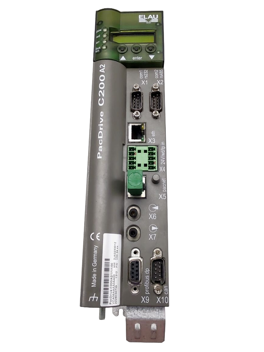 C200/10/1/1/1/00, ELAU, Schneider Electric, Controlador de servos, PacDrive C200, hasta 8 variadores SERCOS, procesador, ST-PC VEGA, 128 MB de RAM, 32 MB de memoria flash.