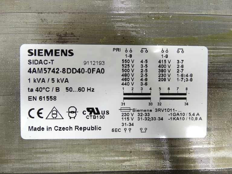 4AM5742-8DD40-0FA0, SIEMENS, TRANSFORMADOR SITAS; FASES:1; PN/PN(S6)(KVA):1/5; UPR(V):550-525-500-480-460-440-415-400-380-230-208;