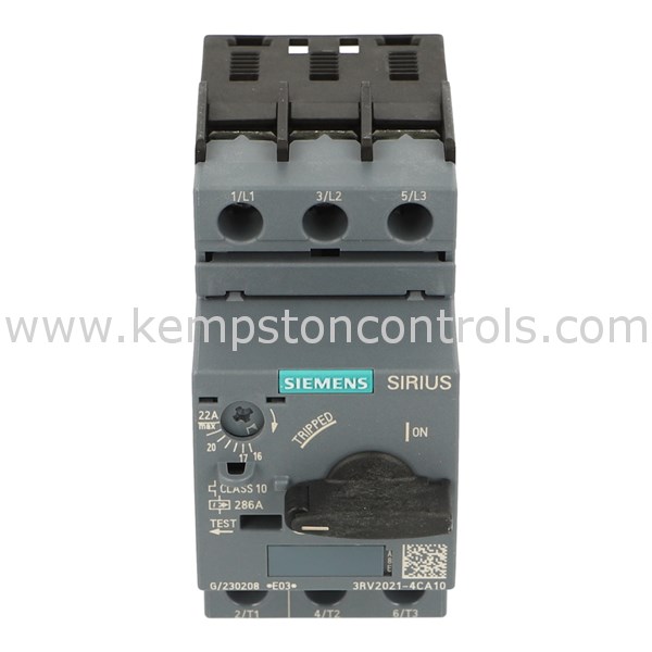 3RV2021-4CA10, Siemens, Protector de arranque de motor, 16 a 22 Amp, clase 10, viaje de sobrecarga, tamaño S0, terminal de tornillo