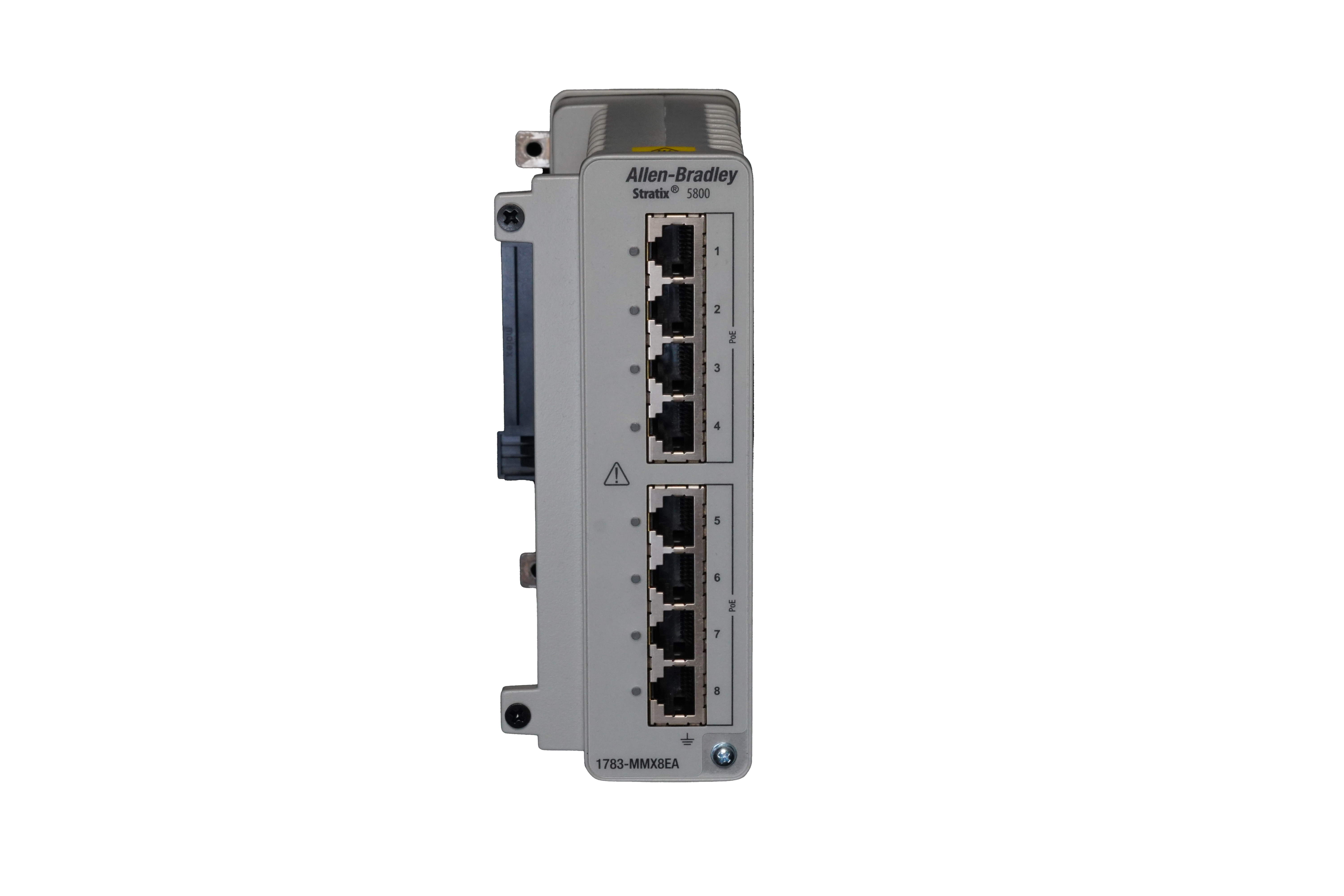1783-MMS10E, Allen Bradley, Switch, Stratix 5800, base modular, 8 puertos PoE 100/1000, 2 ranuras SFP 100/1000, firewall de capa 2.