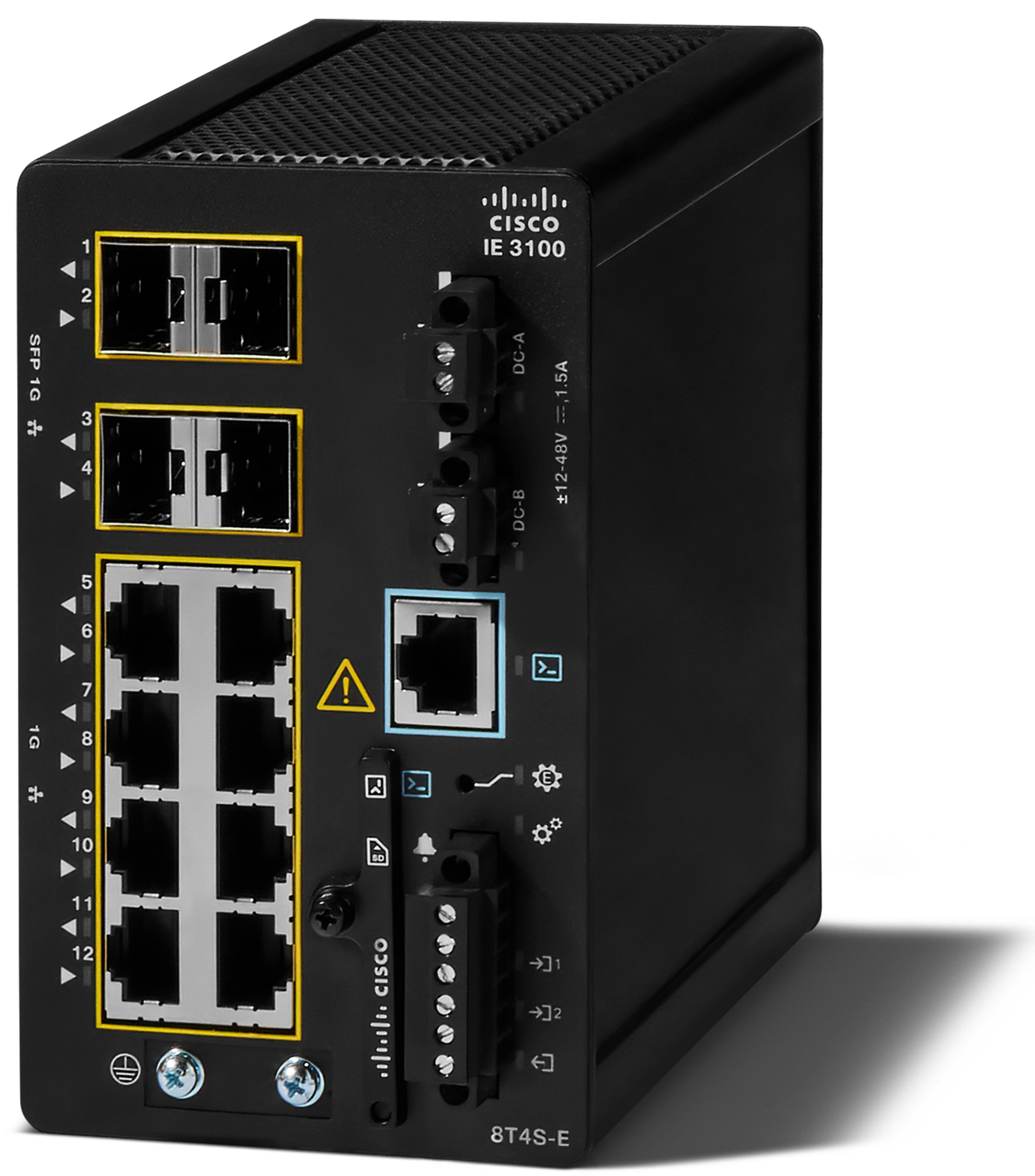 IE-3100-8T4S-E, CISCO, Switch Ethernet industrial de diseño robusto, 12 puertos en total: 8 puertos 10/100/1000Base-TX y 4 puertos SFP de 1 GbE (módulos SFP se venden por separado), red.