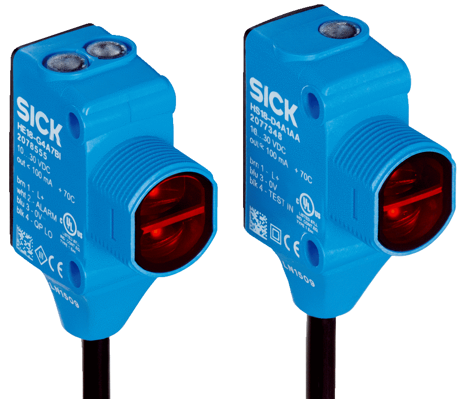HE18-P4A7AA, Sick, Receptor de sensor fotoeléctrico de haz pasante, 10...30 VDC - OUT<100MA - BROWN 1 - L+ - WHITE 2 - QN LO - BLUE 3