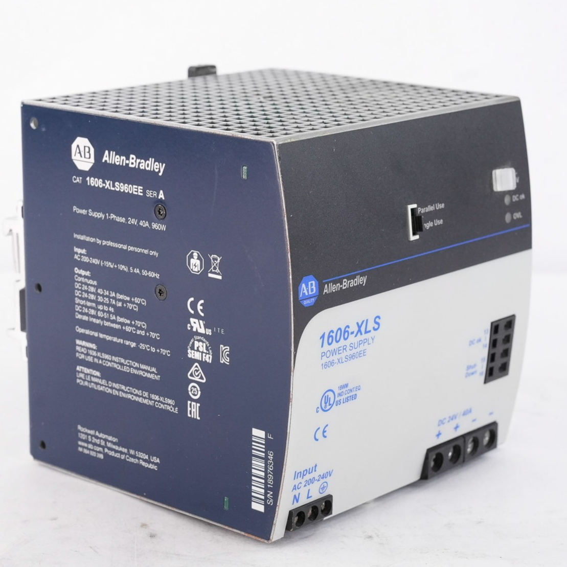 1606-XLS960EE, Allen Bradley, Fuente de alimentación de alto rendimiento, XLS Power Supply 960W 24VDC 40A 24-28 V CC, 960 W, entrada monofásica de 240 V CA.