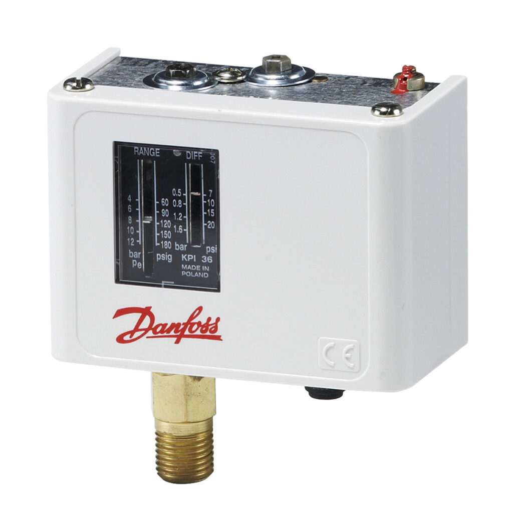 KPI36, Danfoss, Presostato, Rango regulación [bar] Pe: 2 - 12, Diferencial [bar]: 0.5 - 1.6, Función rearme: Auto, Tipo de conixión de Presión: G, Tamaño conexión Presión: 1/4, Grado de protección de la carcasa: IP30, Presión de trabajo máx