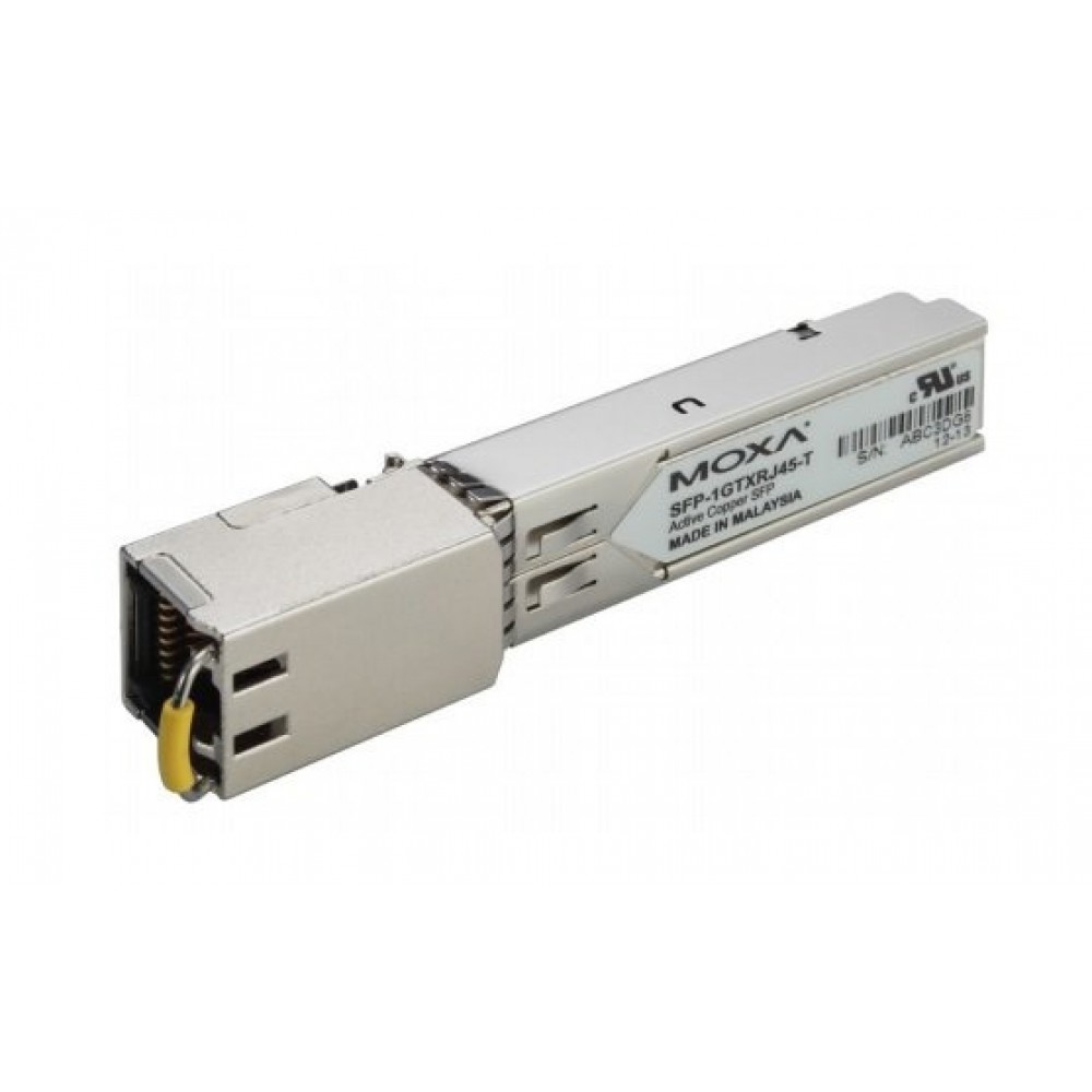 SFP-1GTXRJ45-T, Moxa, Módulo SFP con 1 puerto 1000BaseT, con conector RJ45, para transmisión de 100 m, temperatura de funcionamiento de -40 a 75 °C. Interfaz Ethernet. Puertos.