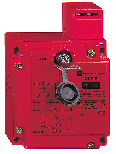 XCSE73127, Telemecanique, Interruptores de seguridad XCS, metálicos XCSE, 2NC+1 NO, de ruptura lenta, 2 entradas con rosca M20, 24 V.