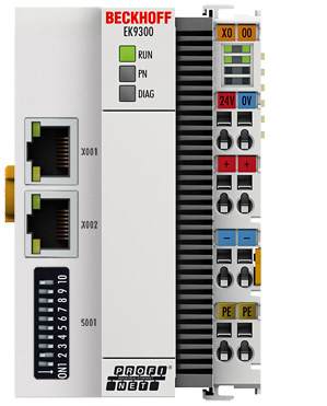 EK9300, Beckhoff Automation, Acoplador de bus conecta las redes PROFINET RT a los terminales EtherCAT (ELxxxx).