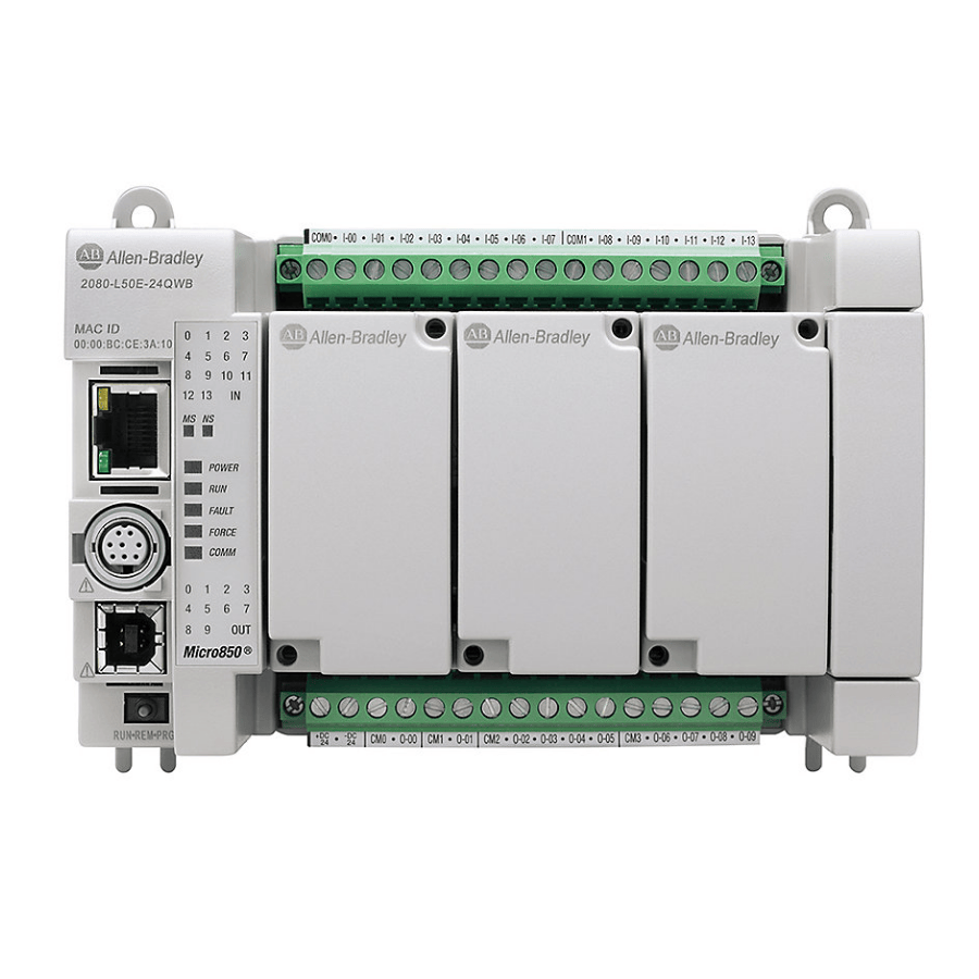 2080-L50E-24QWB, Allen Bradley, MICRO850 CPU 14 DI 24 VAC/DC 10 DO RELE. Controlador Micro850 con puerto Ethernet, 14 entradas digitales 24VAC/DC y 10 salidas digitales.